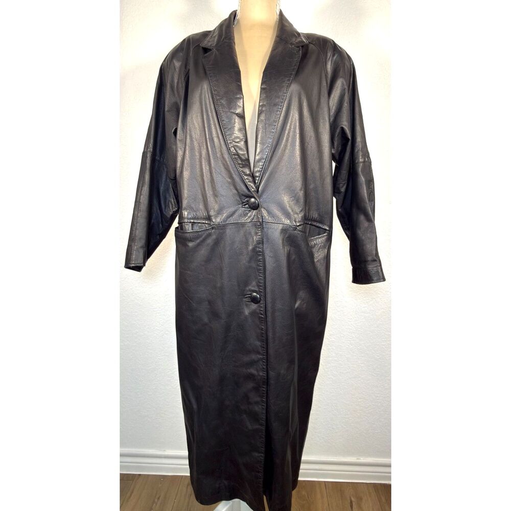 Vintage G-III Black Leather Long Coat Womens M Oversized Minimalist Goth Duster